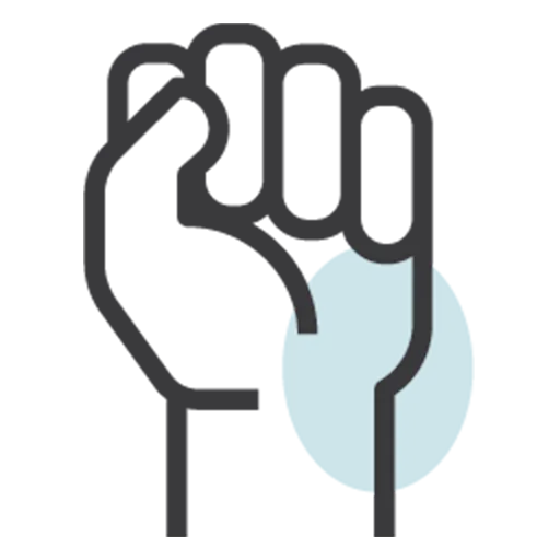 Stylized outline of a fist raised with a light blue oval accent