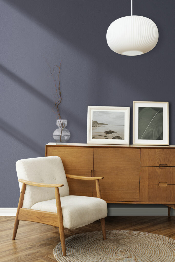 Interior Paint Collection 1 Interior scene with comfy armchair, teak sideboard and framed art on grey wall