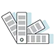 Colour swatch fan with grey rectangles and light blue background