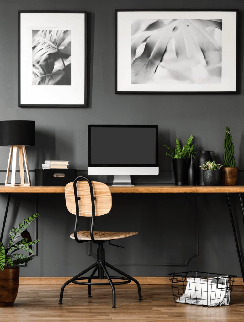 Office & Workspace Colors 1 Modern home office desk with computer, wooden chair and plant decor